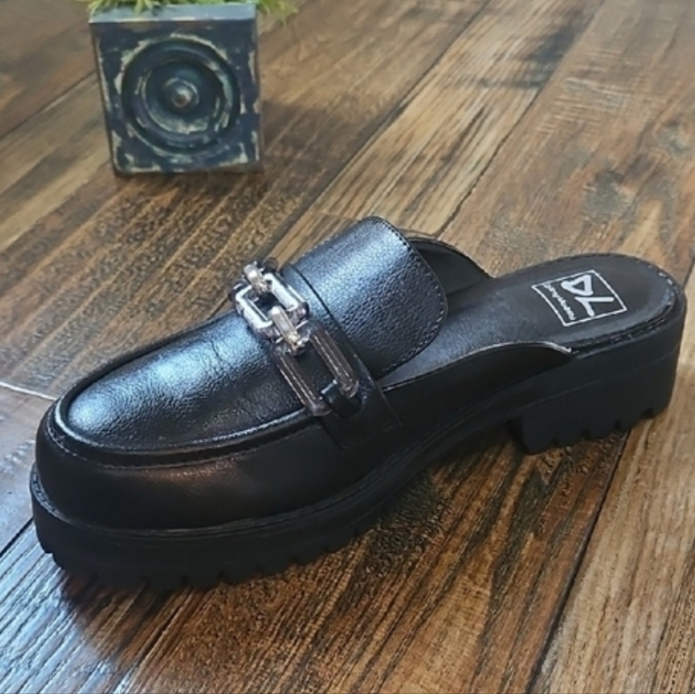 Dirty Laundry Lug Heel‎ Black Mules with Crystal Chain Accent
